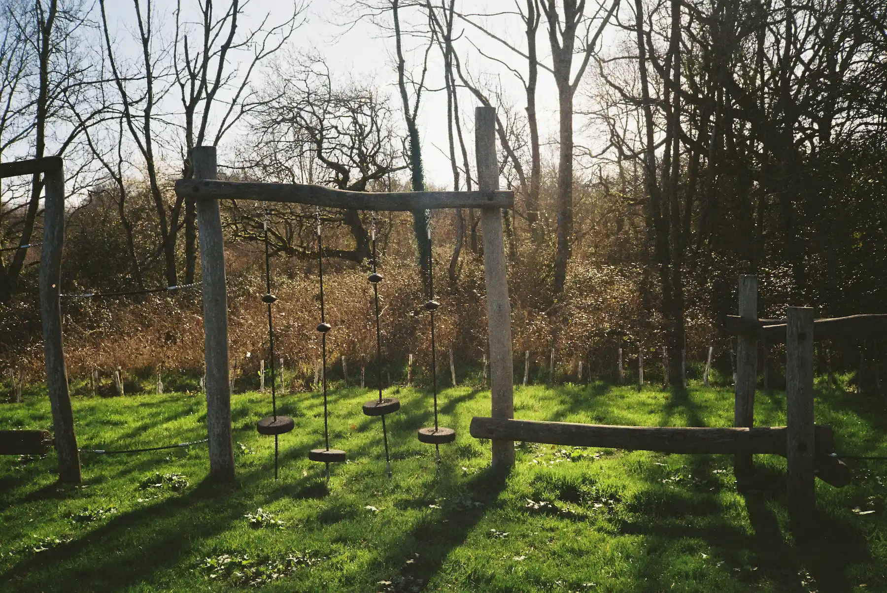 Structure de jeux en bois dans un parc boisé